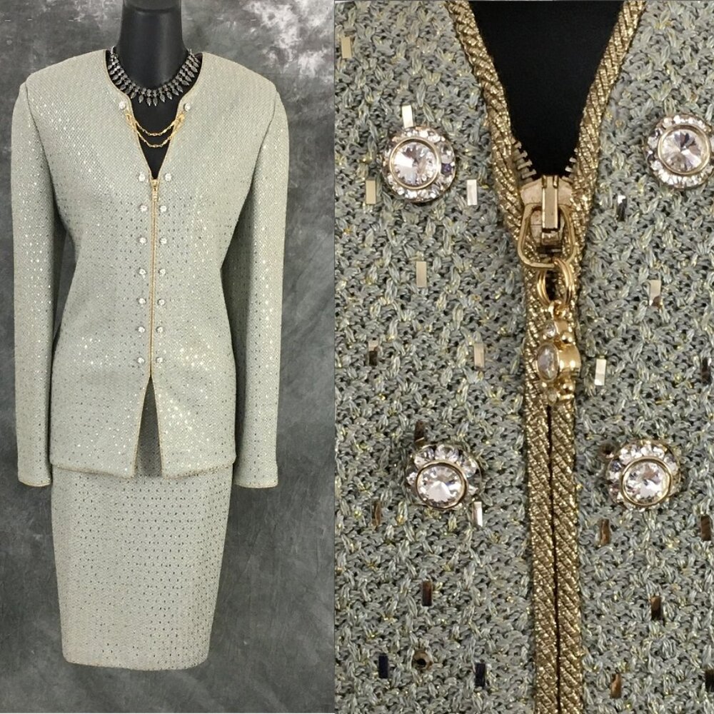 BEAUTIFUL st john evening knit green rhinestones embellished skirt suit 8 10